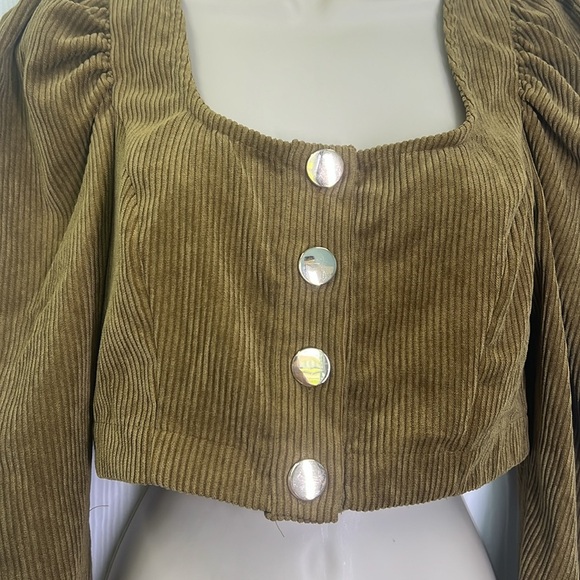 Zara - Dark Camel Corduroy Long Sleeve Large Button Crop Top Size Small - Picture 9 of 12